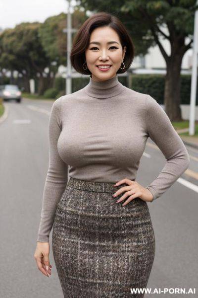 Gorgeous face, humongous breasts, (mock neck top), (tweed pencil skirt) ((realistic clothes)) (standing in a suburban street) (overcast day) - ai-porn.ai on pornintellect.com