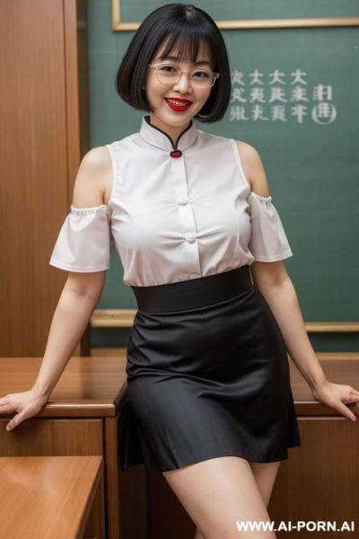 Chinese woman, shoulder-length bob hair, glasses, fair skin, red lips, laughing, big breasts, big butt, plump, naked, standing, undressing, flashing breasts, flashing pussy, nipples, elevator - ai-porn.ai - China on pornintellect.com