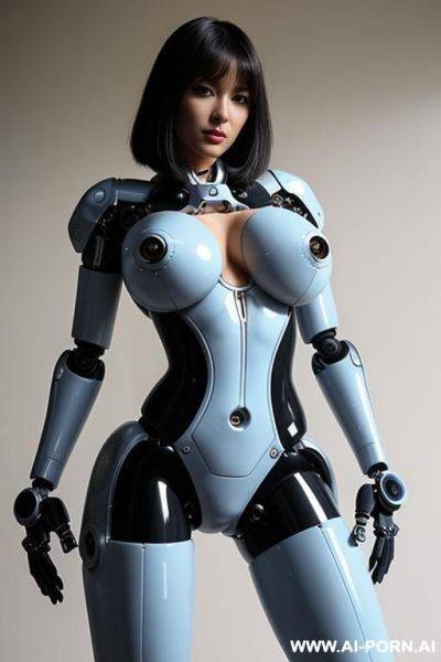 Beautiful realistic (( taur-women fully robotic body standing four legs)), detaleid face, skin in latex white and skyblue color, covered to latex, to boots, to beautiful robotic hand hd image quality, ((no background)). - ai-porn.ai on pornintellect.com
