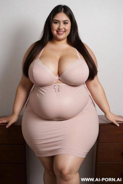 Latina, pushing vacuum, tight sundress, plumped up, she’s touching her belly, licking her lips, sign on wall says “sealed”, ssbbw, rotund, - ai-porn.ai on pornintellect.com