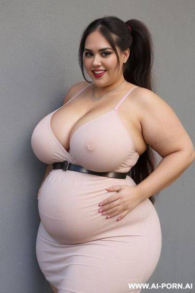 Latina, pushing vacuum, tight sundress, plumped up, she’s touching her belly, licking her lips, sign on wall says “sealed”, ssbbw, rotund - ai-porn.ai on pornintellect.com