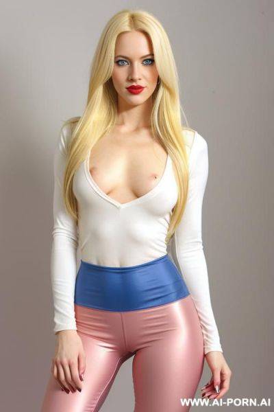 Woman long hair pink tight blouse leggins red lips full body - ai-porn.ai on pornintellect.com