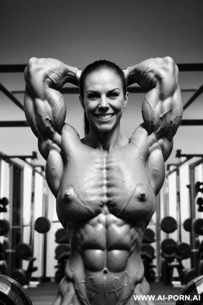 ((most muscular color photo of a nude beautiful short white strong buff sinewy steroid bodybuilder ifbb woman)), ((((big bright eyes)))), ponytail, (stronger massive shoulders), ((extremely thick sinewy - ai-porn.ai on pornintellect.com