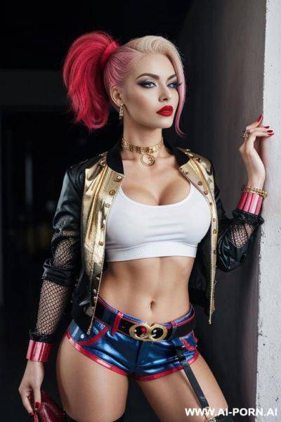 A fair-skinned woman with blonde hair styled in high tails, dyed blue on one side and pink on the other, is the central focus of the image. she has dark eyeliner, red lipstick, and a - ai-porn.ai on pornintellect.com