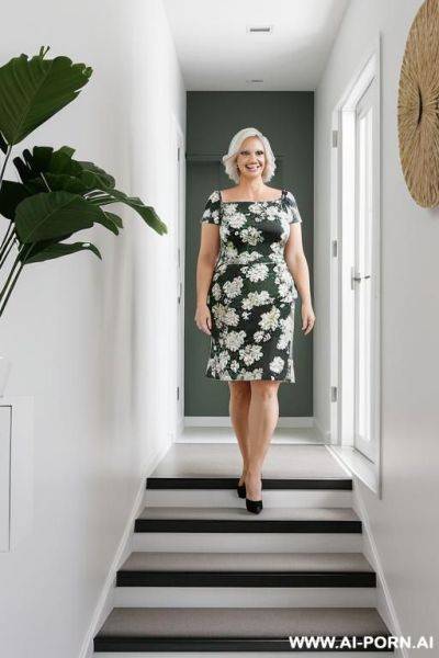 Mature and chubby woman, full body, standing, short blonde platinum hair, advanced age, smile, she is wearing a white dress with a green floral print. it has short puffed sleeves with elastic - ai-porn.ai on pornintellect.com