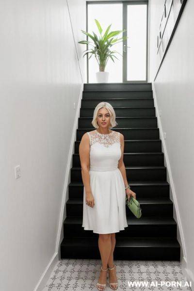 Mature and chubby woman, full body, standing, short choppy blonde platinum hair, advanced age, (((white dress))), she is wearing a white dress with a green floral print. it has short puffed - ai-porn.ai on pornintellect.com