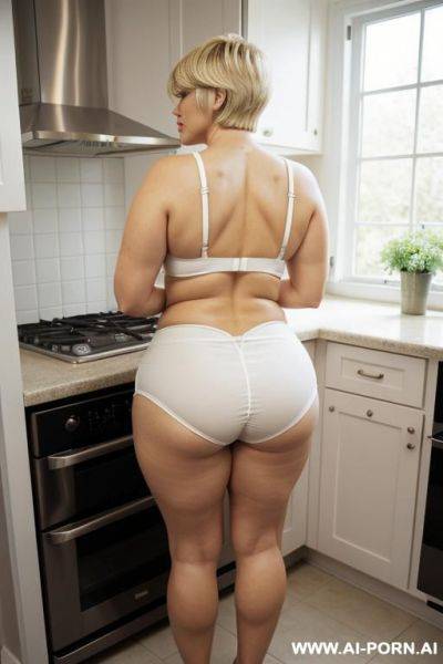 Back view, mature woman, full body, standing, triangular hips, thick thighs, elderly, blonde hair, wearing white micro basket in kitchen - ai-porn.ai on pornintellect.com