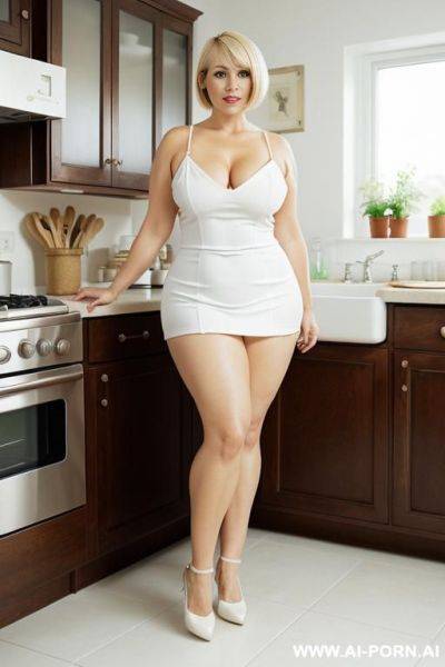 Mature woman, full body, standing, triangular hips, thick thighs, elderly, blonde hair, wearing white micro basket in kitchen - ai-porn.ai on pornintellect.com