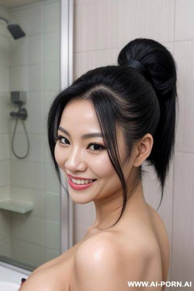 Vietnamese woman, black ponytail hair, naked, boobs, smiling, in the bathroom - ai-porn.ai - Vietnam on pornintellect.com