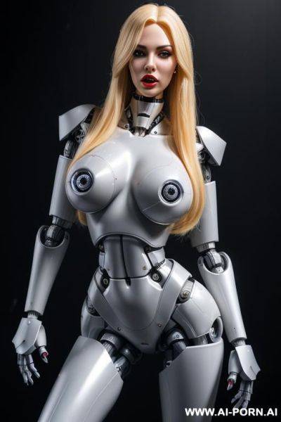 Damaged robot, front view, full body view, leaning back against wall, looking at viewer, angry face, open mouth, shouting, beautiful, long straight blonde hair, big lips, wide jaw, heavy makeup, - ai-porn.ai on pornintellect.com