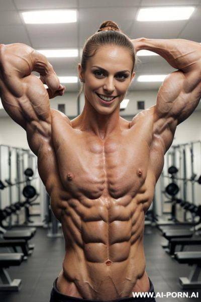 ((most muscular color photo of a nude beautiful white strong buff sinewy bodybuilder ifbb woman)), nude, ((((big bright seductive eyes)))), ponytail, (stronger massive shoulders), ((extremely thick - ai-porn.ai on pornintellect.com