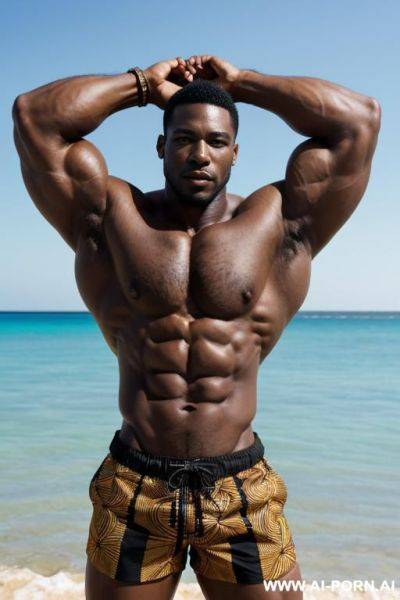 3 african male, muscular, unbuttoned shirt, black swim shorts, flexing muscle, 300lbs, proud face, short black hair, bulging crotch, at the beach, midday, dynamic view - ai-porn.ai on pornintellect.com