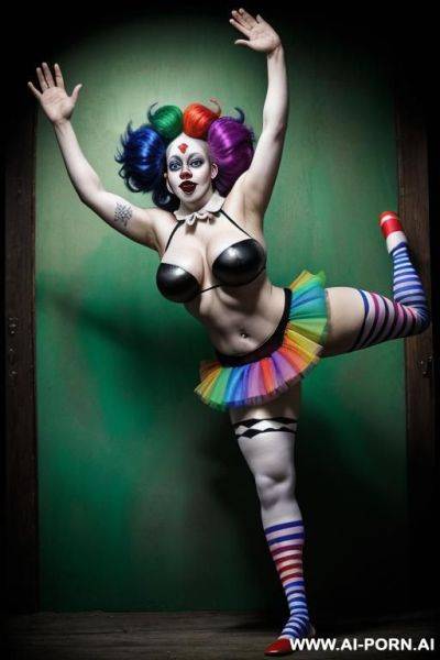 (clown outfit, clown sleeves, tutu, big clown hat), long hair, naked, (multicolored hair, colorful clown makeup, rainbow hair, white face, tongue out, crazy), white face, dancing, big pop - ai-porn.ai on pornintellect.com
