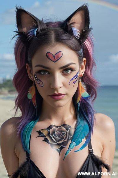 Face, sexy, beautiful, ((face painting)), ((bikini as seashell)), ((tattoo roses)), ((eyes shw)), ((angel wings)), ((rainbow hair)), ((sexy expression)), ((long bu hair)), ((wind)), (( cat face)), (( cat - ai-porn.ai on pornintellect.com