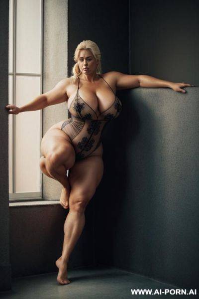 Bigger thighs, photo of a strong sexy cheerleader , curvy, whole body, mature cougar, ponytail, blonde, stronger thighs, stronger legs, wide hips, strong body, very strong arms, obese thighs, - ai-porn.ai on pornintellect.com
