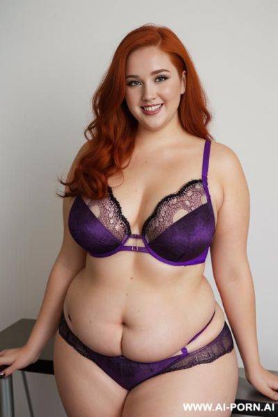 Half body photo shot, about at classroom, fat (obese) bbw curvy teacher, wearing a sexy and hot purple lace fishnet full suite lingeries, she is on four points pose - ai-porn.ai on pornintellect.com
