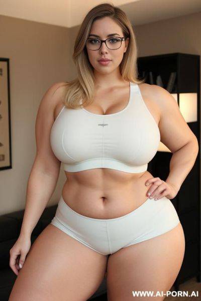 (thick rimmed glasses) (sports bra), massive thighs, gigantic thighs, obese thighs, muscled bulked up thighs, huge thighs, strong thighs, thick thighs - ai-porn.ai on pornintellect.com