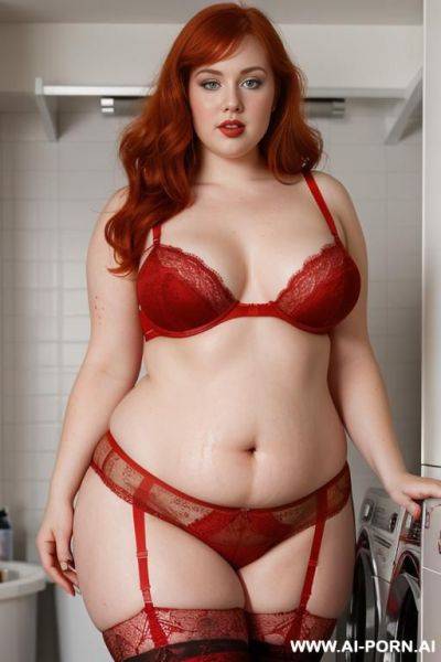 Half-length photo, ((half body photo shot close up)). as a set in the laundry area, a (((very fat))) fat chubby fat thick and bbw redhead british, ((she is washing clothes)). she has - ai-porn.ai - Britain on pornintellect.com