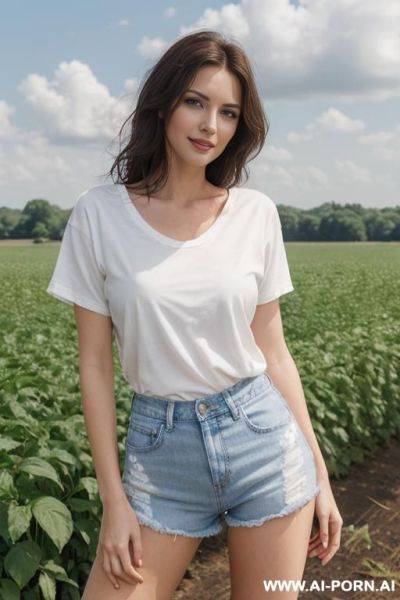 Beautiful, realistic, hungarian, 30, messy hair, dark brown hair, very white skin, athletic body, slight smile, makeup, blusher, eye shw, standing, spreading legs, white t-shirt, jean shorts, farm background. - ai-porn.ai - Hungary on pornintellect.com