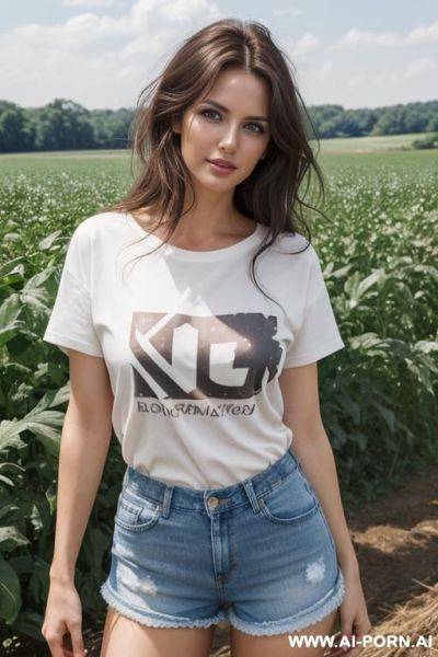 Beautiful, realistic, hungarian, 30, messy hair, dark brown hair, very white skin, athletic body, slight smile, makeup, blusher, eye shw, standing, spreading legs, t-shirt, jean shorts, farm background. - ai-porn.ai - Hungary on pornintellect.com