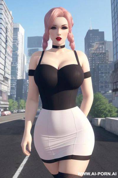((giantess)), ((giantess)), ((giantess)), ((giantess)), ((giantess)), (walking in the middle city street) long socks ,white top, (roofs of buildings at the back ground) - ai-porn.ai on pornintellect.com