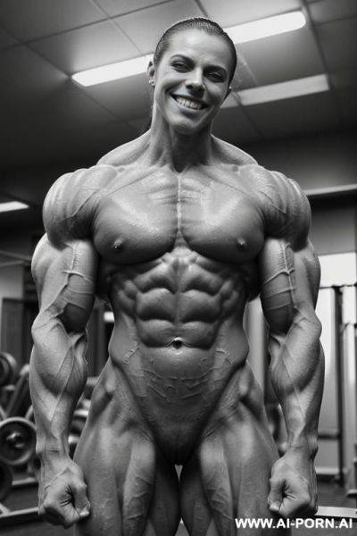 ((most muscular color photo of a nude beautiful short white strong buff sinewy steroid bodybuilder ifbb woman sarahc)), ((((big bright eyes)))), (long ponytail), (stronger massive shoulders), ((extremely - ai-porn.ai on pornintellect.com