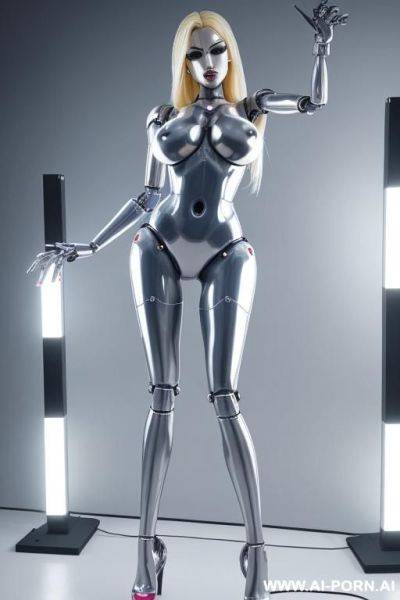 Damaged robot, front view, full body view, leaning back against wall, looking at viewer, angry face, open mouth, shouting, beautiful, long straight blonde hair, big lips, wide jaw, heavy makeup, - ai-porn.ai on pornintellect.com