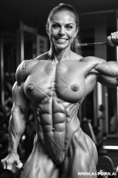 ((most muscular color photo of a nude beautiful short white strong buff sinewy steroid bodybuilder ifbb woman)), ((((big bright eyes)))), ponytail, (stronger massive shoulders), ((extremely thick sinewy - ai-porn.ai on pornintellect.com