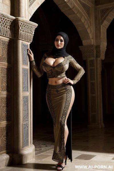 Naked, (massive hips), (crop top sweater), ((no bra)), ((no bottom)), ((no panties)), ((show boobs)), ((show hairy pussy)), eye contact, looking at camera, ((hijab)), ((massive heavy saggy boobs)) (side view) (arabic palace) - ai-porn.ai on pornintellect.com