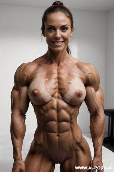 ((most muscular color photo of a nude beautiful short strong buff sinewy steroid bodybuilder ifbb woman)), ((beautiful womans face with high cheekbones)), (((big bright eyes))), ((erotic eye contact)), - ai-porn.ai on pornintellect.com