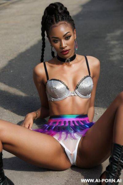 Chinese, rainbow feather studed bright sequin transparent corset，feather tutu skirt， mesh robe， rainbow sequin bra ,necklace，rainbow large pointed thigh-high boots - ai-porn.ai - China on pornintellect.com