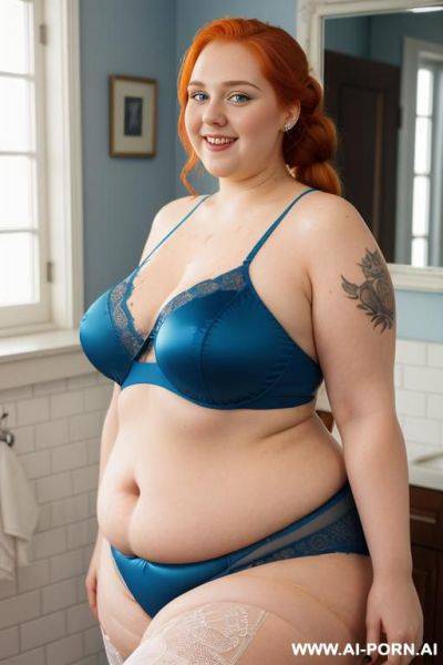 Half-length photo, as a setting in the laundry area, a fat ((very obese)) chubby fat thick and bbw redhead british, she is washing clothes and she is all soaked in foamy water. (she has - ai-porn.ai - Britain on pornintellect.com