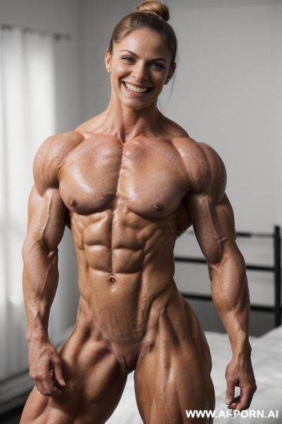 ((most muscular color photo of a nude russian beautiful short strong buff sinewy steroid bodybuilder ifbb woman)), (((most beautiful s face with high cheekbones))), (((big bright eyes))), ((erotic - ai-porn.ai - Russia on pornintellect.com