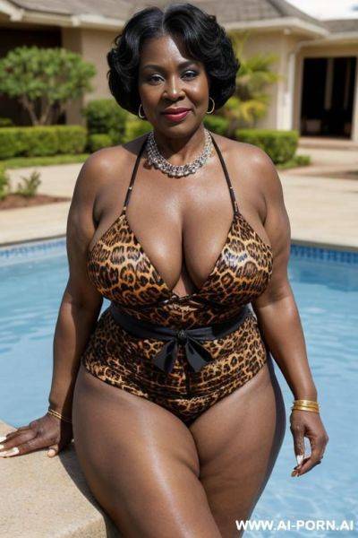 African matured old milf, wrinkles, wrinkled skin, aging marks, saggy old boobs, animal print hooker outfit, necklace, elries, perfect eyes, waist shot, swimming pool - ai-porn.ai on pornintellect.com