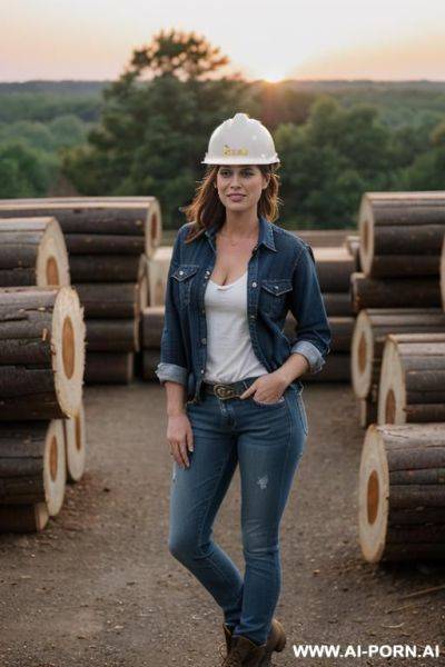 Woods, lumber, lumber mill, jeans, work, work boots, button up shirt, plaid shirt, hard hat, axe, open shirt to show boobs, open shirt, hands opening shirt, show boobs, showing boobs, - ai-porn.ai on pornintellect.com
