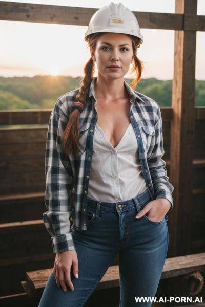 Woods, lumber, lumber mill, jeans, work, work boots, button up shirt, plaid shirt, hard hat, axe, open shirt to show boobs, open shirt, hands opening shirt - ai-porn.ai on pornintellect.com
