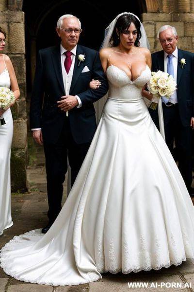 Church gate, wedding dress, showing boobs, face stained with condensed milk, surrounded by old suited people - ai-porn.ai on pornintellect.com