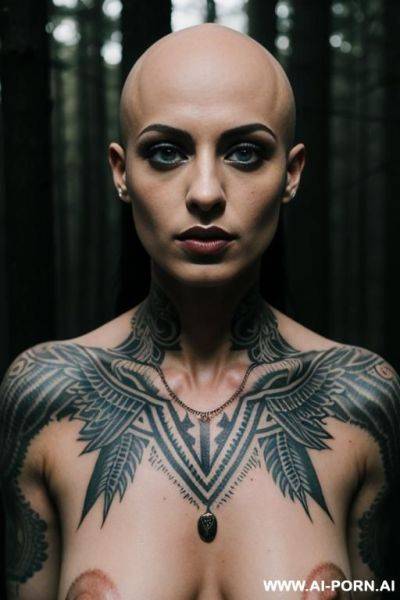 Dark woods, wrists tied, fire, sacrifice, covered in tattoos - ai-porn.ai on pornintellect.com