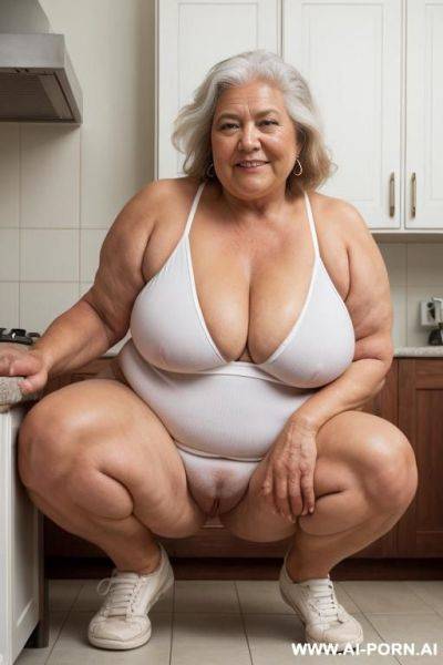 Thick bbw very old grandmother. with tan lines. posing naked, no makeup, full body view, squatting in her kitchen, good hands, perfect fingers, (vagina), wearing all white plimsole white canvas - ai-porn.ai on pornintellect.com
