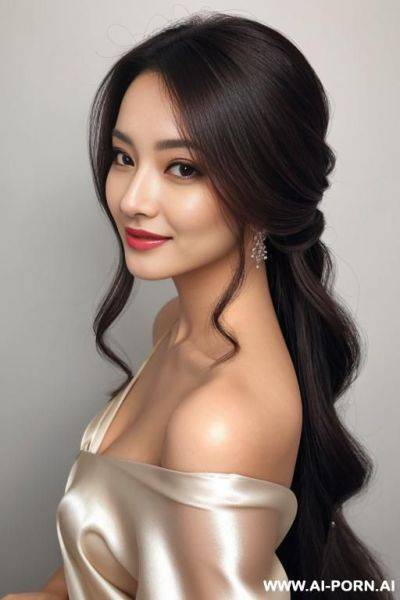 Realistic, high quality, (close over-shoulder view) spontaneous, cheerful, positive energy, solo, 1woman, breath-taking hairstyle, long hair, (full silky clothes) cuute lady, - ai-porn.ai on pornintellect.com