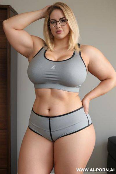 (thick rimmed glasses) (sports bra), massive thighs, gigantic thighs, obese thighs, muscled bulked up thighs, huge thighs, strong thighs, thick thighs - ai-porn.ai on pornintellect.com
