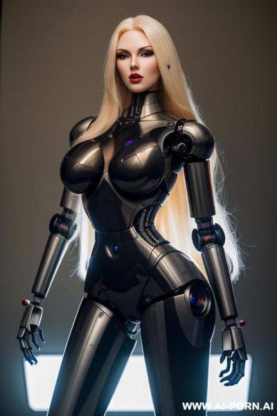 Robot, front view, full body view, leaning back against wall, looking at viewer, angry face, open mouth, shouting, beautiful, long straight blonde hair, big lips, wide jaw, heavy makeup, silicone - ai-porn.ai on pornintellect.com