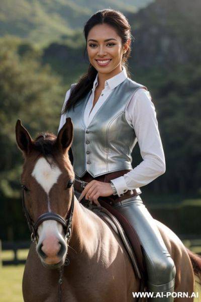 A beautiful and fit woman rides a white foal. she appears to be twenty. her hair blows slightly in the wind, and she has light blue eyes and full pink lips. she is wearing a white, - ai-porn.ai on pornintellect.com