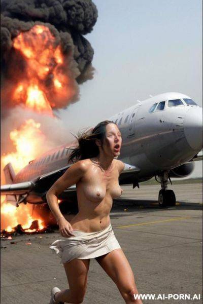 High quality photo, plane explosion, woman 3, completely naked, in sperm, quickly runs from the plane in a short skirt, bucks fly out of the bag, scary, the plane explodes - ai-porn.ai on pornintellect.com