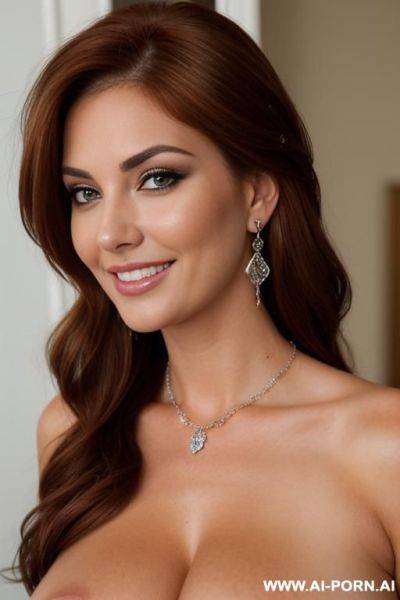Gorgeous american milf, beautiful face, seductive smile, alluring eyes, full makeup, earrings, necklace, gigantic boobs, focus on face and boobs, totally naked - ai-porn.ai - Usa on pornintellect.com