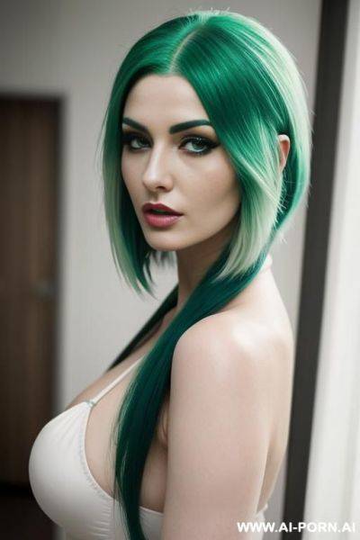Realistic woman with white skin and green hair - ai-porn.ai on pornintellect.com