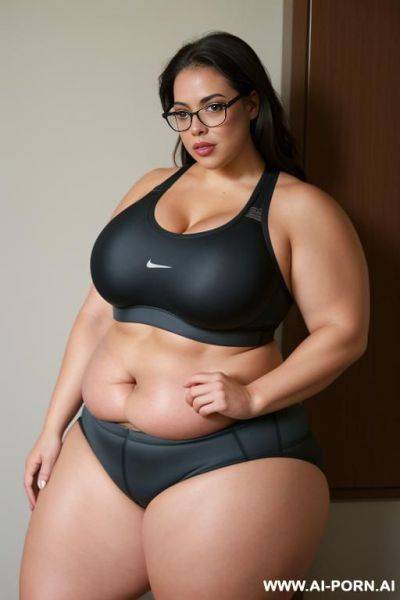 Bbw, (thick rimmed glasses) (sports bra), massive thighs, gigantic thighs, obese thighs, muscled bulked up thighs, huge thighs, thick thighs, fat thighs, strong thighs - ai-porn.ai on pornintellect.com