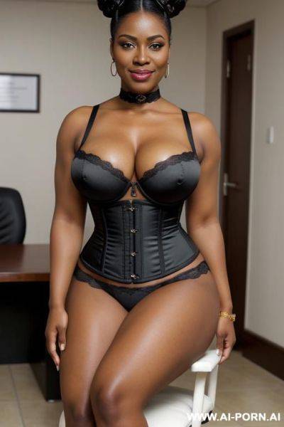 Ebony with triangular face, proud smile, eye contact, extrem beautiful face, model face, dark skin, natural heavy muscles, strong arms, voluptuous ass, total comlpete half sided view head to shoes, - ai-porn.ai on pornintellect.com