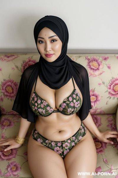 Hijab south east asia mom have darker skin with big natural breast and butt wearing flower pattern bra and underwear laying on classic grandma style couch that also have flower pattern ready for sex - ai-porn.ai on pornintellect.com
