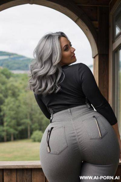 Busty fit grey hair secretary in tight black dress showing off her perfect ass, view from below, close-up, big ass, gorgeuous ass, (((view from behind))), ((arched lower back)) - ai-porn.ai on pornintellect.com